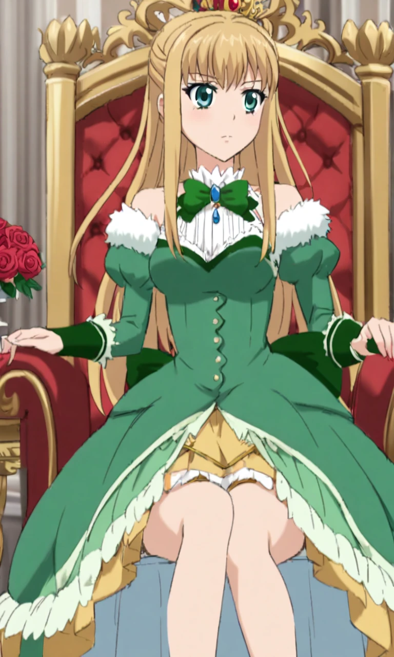 1girl, Standing, By Cecilia, Open blonde hair, Hair length, , Royal golden fluffy dress ,Medium breasts, red roses ,Sitting on a royal chair, a queen sitting on the throne