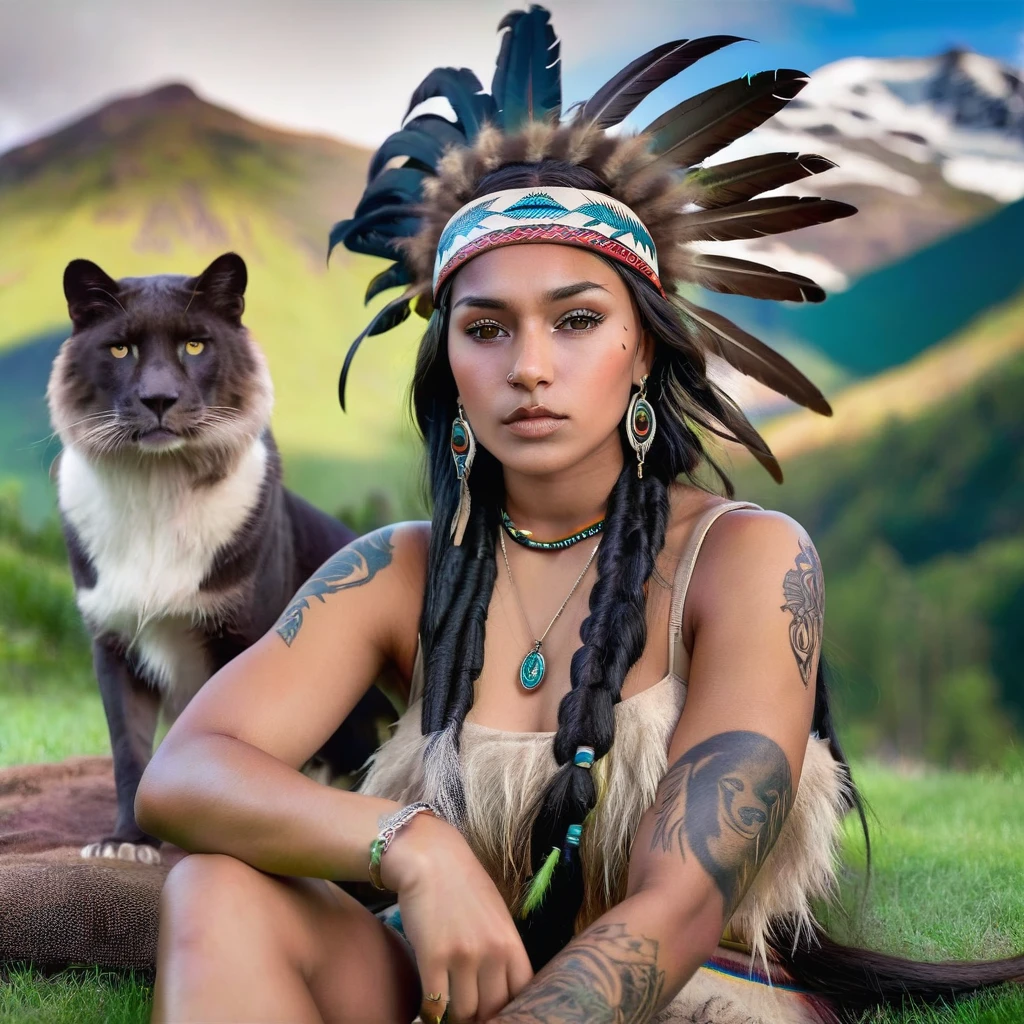 Realistic image of a woman, alone, with long hair, looking at the viewer, black hair, brown eyes, jewelry, braid, earrings, dark skin, necklace, mole, dark-skinned woman, lips, tattoo, feathers, headdress, facial tattoo, Native America, sitting on the green grass behind mountain with animals