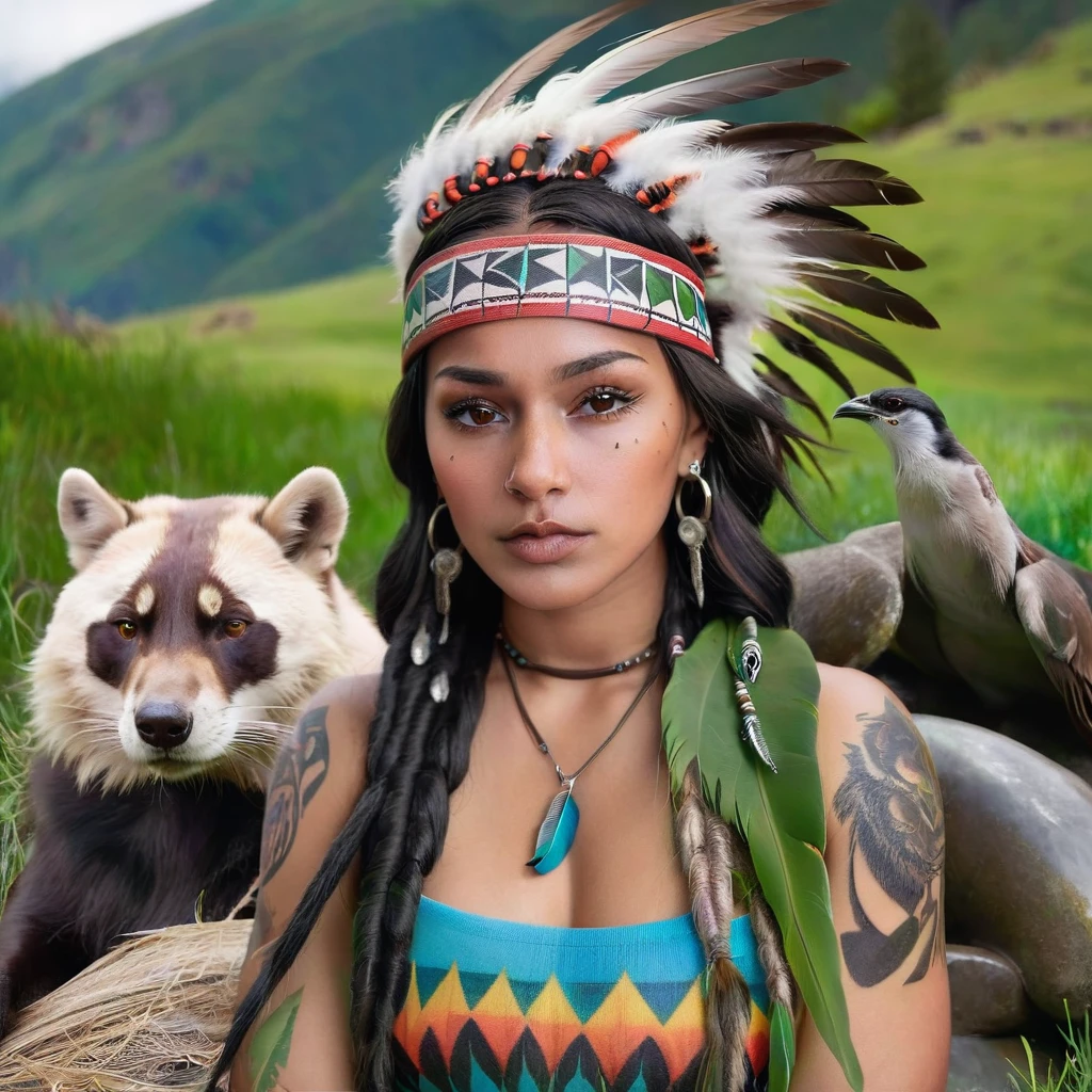 Realistic image of a woman, alone, with long hair, looking at the viewer, black hair, brown eyes, jewelry, braid, earrings, dark skin, necklace, mole, dark-skinned woman, lips, tattoo, feathers, headdress, facial tattoo, Native America, sitting on the green grass behind mountain with animals