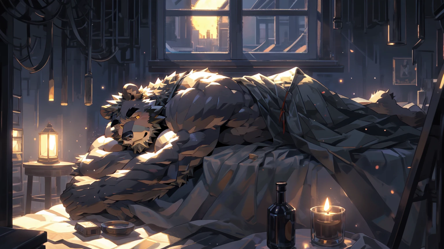 (masterpiece:1.2), best quality,pixiv,official art,perfect anatomy, (Ray tracing, light),solo, (1_male:1.3) , (muscle), (grey fur:1.4), (muscle bear), (beard:1.2), (gleaming golden eyes), bear tail, Thick black eyebrows, (clothesless :1.2), underwear, barefoot , big window, moonlight, night view, indoor, sleeping on bed, cover blanket, close eyes