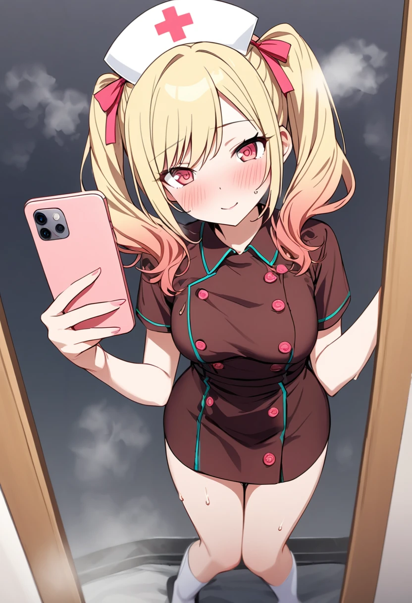 Generate an image of Honami Mochizuki from Project Sekai. She is a high school student with long, straight hair in a blonde color.,with a slight curl. Her side hair is shorter and also slightly curled.Often, has big, gentle red eyes and a warm, friendly expression.nsfw,steam,medium breasts,sweat,1girl,Gradient with pink tips,Twin tails, nurse cosplay,Selfie,full body