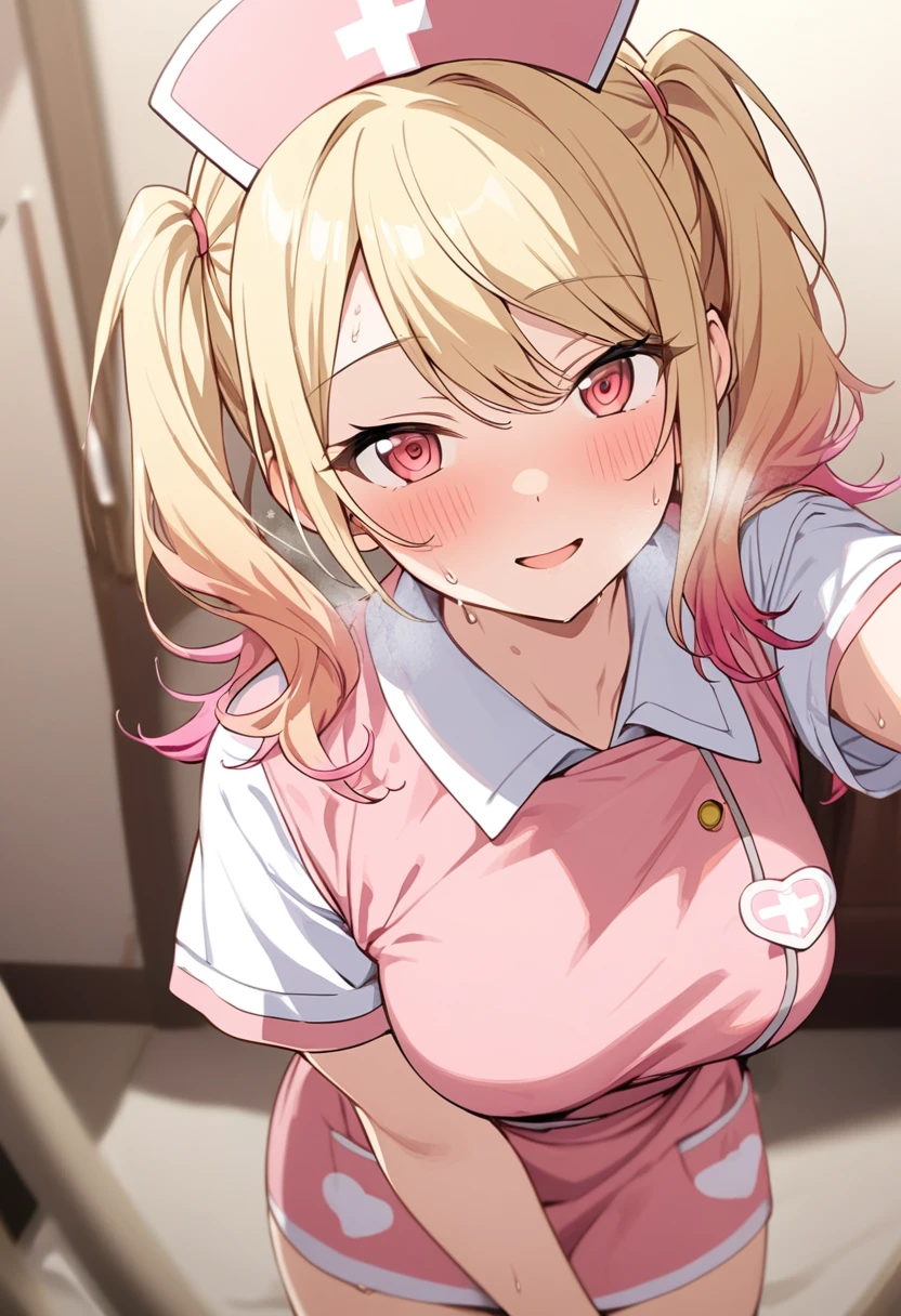 Generate an image of Honami Mochizuki from Project Sekai. She is a high school student with long, straight hair in a blonde color.,with a slight curl. Her side hair is shorter and also slightly curled.Often, has big, gentle red eyes and a warm, friendly expression.nsfw,steam,medium breasts,sweat,1girl,Gradient with pink tips,Twin tails, nurse cosplay,Selfie,full body
