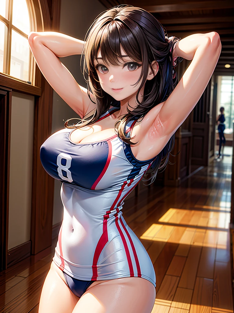 1lady solo, (looking up) from above, /(volleyball uniform/), /(dark brown hair/) bangs, blush light smile, (masterpiece best quality:1.2) delicate illustration ultra-detailed, large breasts, (show cleavage, arms up, long bang hair, sweet armpit, hot armpits) BREAK /(indoor stadium hallway/) indoors