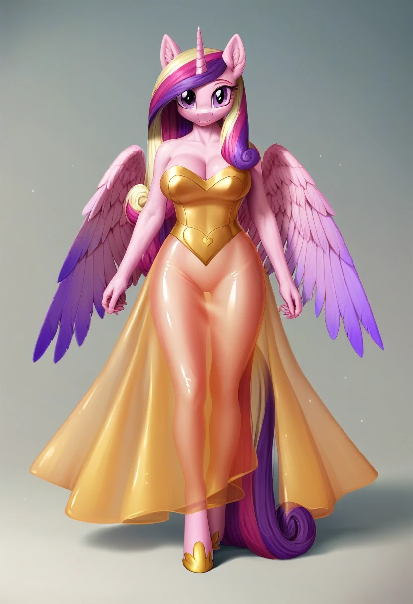 score_9, score_8_up, score_7_up, score_6_up, score_5_up, score_4_up,  by aki99, source_pony, rating_questionable, masterpiece, countershading, detailed soft lighting BREAK
anthro pony princess cadance wearing a golden see through dress, long hair, joyful, oiled, shiny, large breasts, full body, ear fluff, fashion show background 