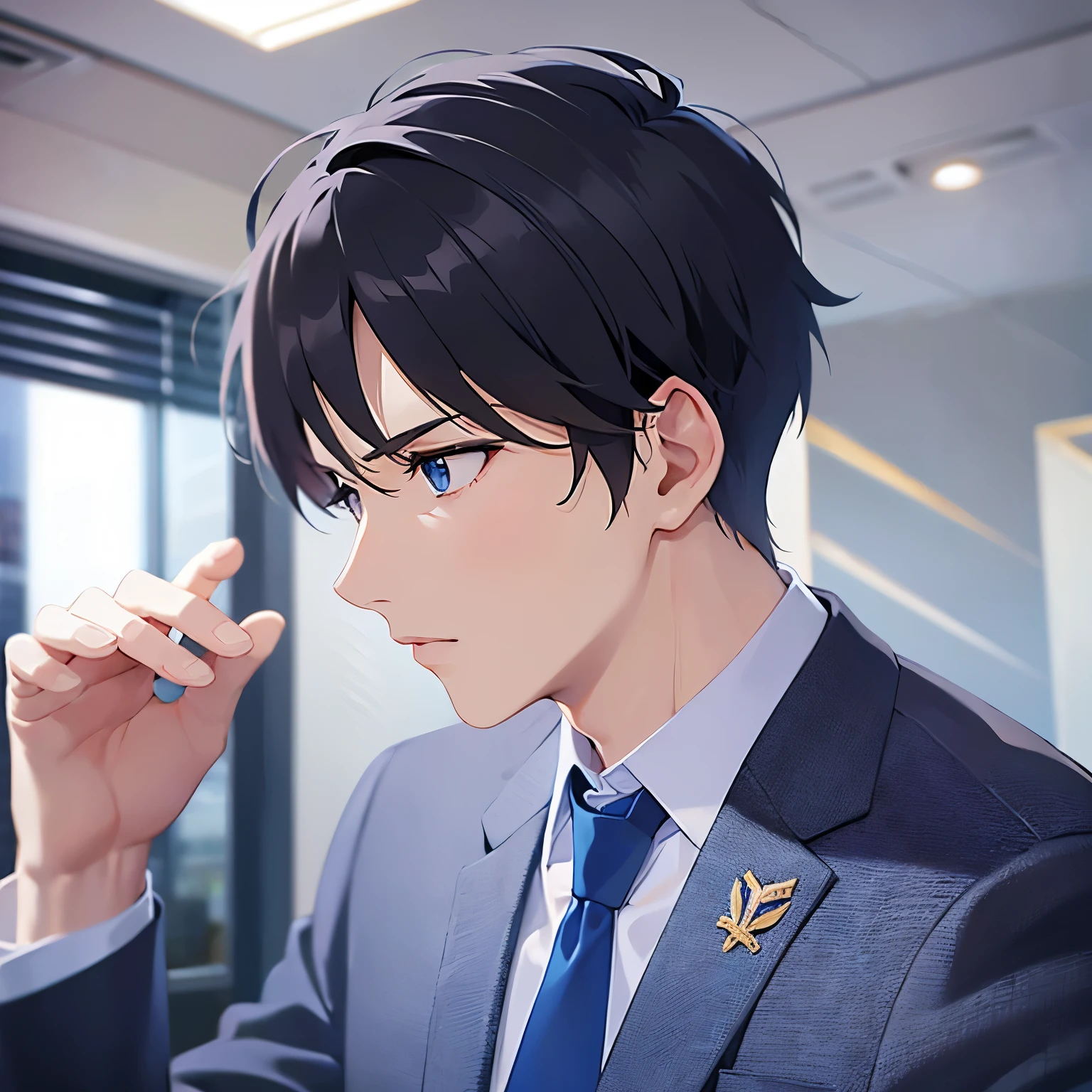 side angle, (looking away:1.5), upper body、masterpiece、Highest quality、(25-year-old male:1.5) and(Black short hair) and (blue eyes), (suit:1.5) and (Blue tie)、Serious, Background is an office room、(Alone:1.5)、Typing