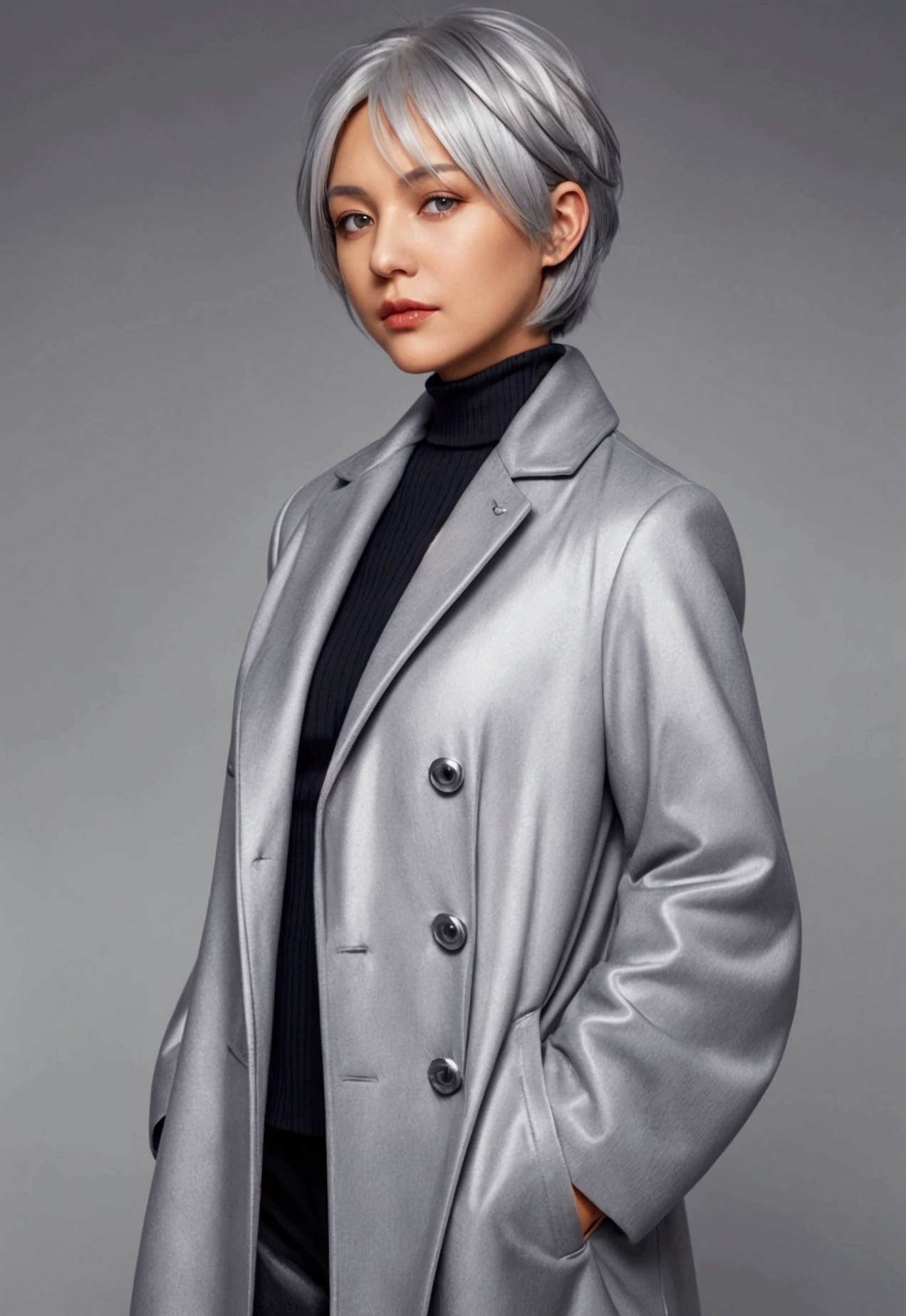 there is a woman with a orange coat, wearing silver hair, grey hair, silver hair, cloudy grey hair, with short hair, some grey hair, short grey hair, silver color, girl silver hair, ash blond greyish hair, girl with short white hair, flowy white grey hair, going gray, chrome bob haircut