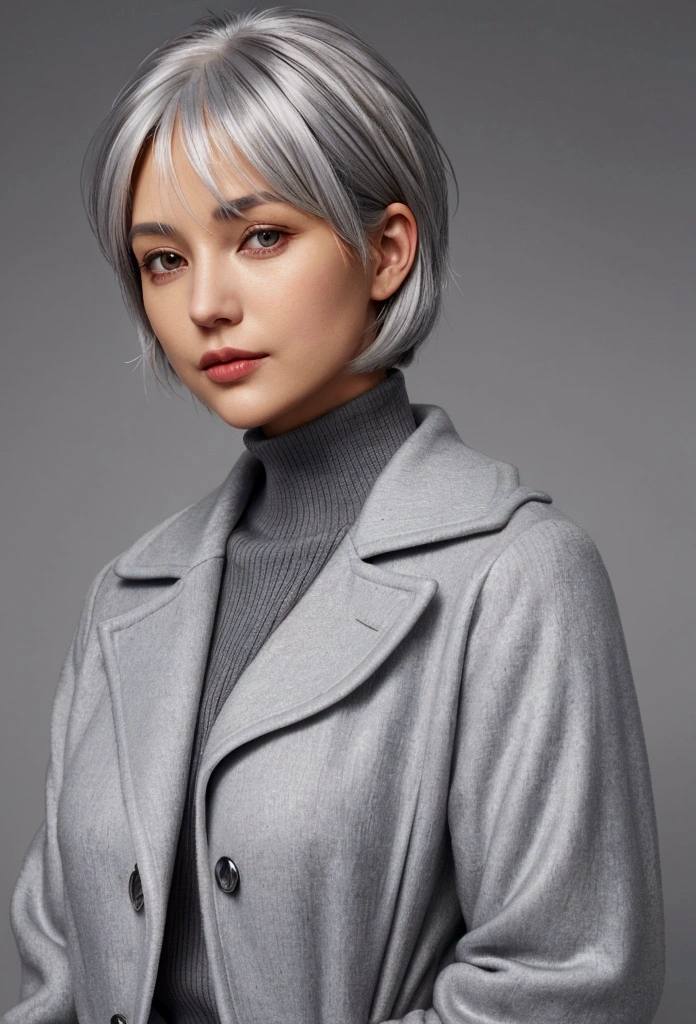 there is a woman with a orange coat, wearing silver hair, grey hair, silver hair, cloudy grey hair, with short hair, some grey hair, short grey hair, silver color, girl silver hair, ash blond greyish hair, girl with short white hair, flowy white grey hair, going gray, chrome bob haircut