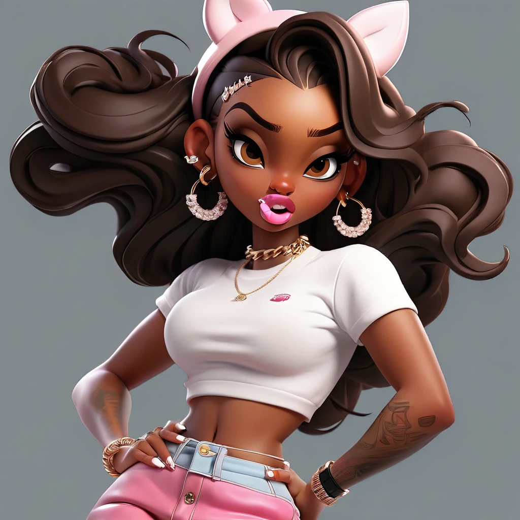 Cute 3D character, a brown skin woman with Mad face in a white cropped t - shirt and a pink purse, y 2 k style, y2k style, thick body, thick hips ,wearing a sexy cropped tops, diamond grillz on teeth, pink hair band, black nike short skirt, long straight hair, doja cat, wearing a cropped top, belly button showing, rapper, graphic tees, her belly button is exposed, croptop, y 2 k aesthetic, y2k aesthetic, y 2 k fashion, young lady, album cover