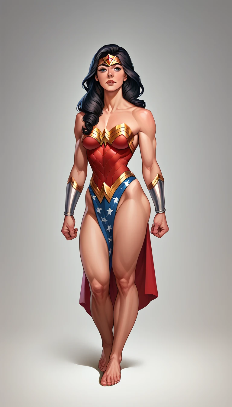 ((Full body photo, standing, feet on the ground)) a 20 year old American woman wearing wonder woman outfit, athlete's body, beautiful body, standing, beautiful Arab princess wearing gladiator outfit