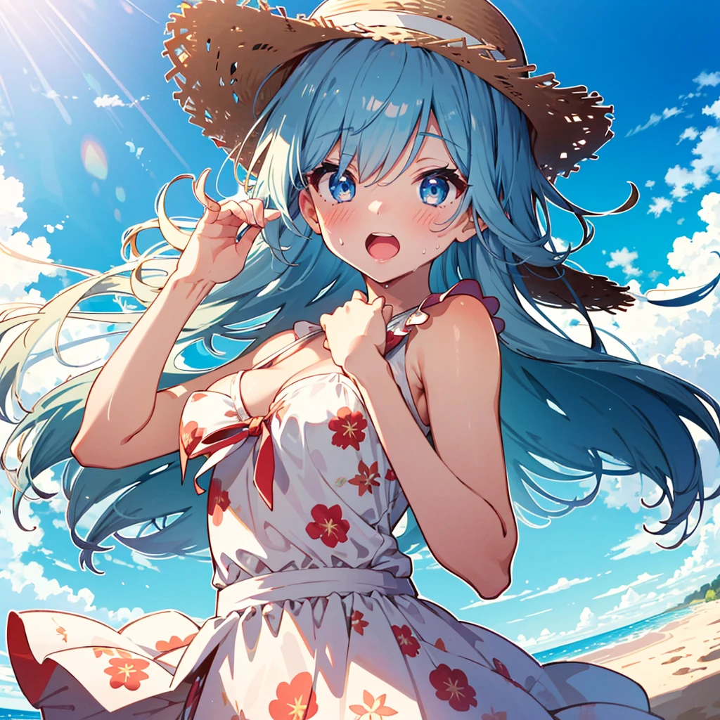 Absurd, Masterpiece, Best Quality, (Super Detailed), (Nice Hands, Perfect Hands), Ideal Proportions of the Body, BREAK (Vector Outline, Flat Color: 1.3), ((1girl)), Solo , stand, (raised hand) ), from the side, upper body close-up, big breasts, from below, on the sandy beach, blue sky, wind, rim light, sunlight, beautiful lighting, BREAK cute girl, , (young: 1.8), fine blue eyes , (Eye highlights), Silver medium bob hair: 1.2), Medium breasts, Surprised, Wide open mouth, (Full blush), Sweat, Floating hair, BREAK (wearing floral sundress), (Floating skirt) , No panties: 1.3), Straw hat, Erotic position,nsfw,