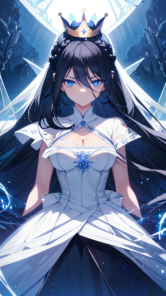 best quality, extremely detailed,anime style girl,long hair down to the waist, straight hair, ((dark black hair with bluish)),((crown braid)),beautiful detailed eyes, pinched eyes, (dark blue eyes),huge breasts,curvy,((((white main princess battle dress)))),clothing with complex patterns,cool expression,((((mysterious nature)))),((Diagonal angle)),dynamic angle