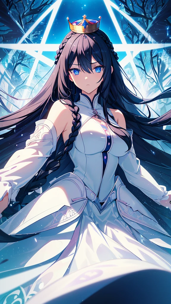 best quality, extremely detailed,anime style girl,long hair down to the waist, straight hair, ((dark black hair with bluish)),((crown braid)),beautiful detailed eyes, pinched eyes, (dark blue eyes),huge breasts,curvy,((((white main princess battle dress)))),clothing with complex patterns,cool expression,((((mysterious nature)))),((Diagonal angle)),dynamic angle