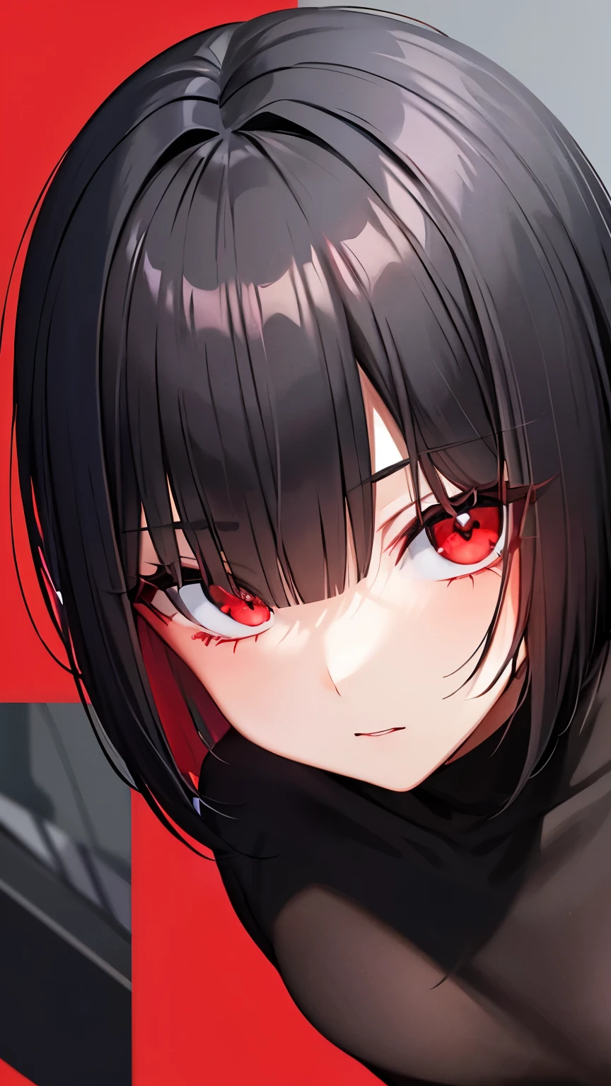 Black hair, short bob, red mesh, red eyes, 