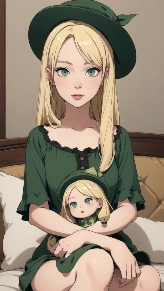 Doll with blonde hair, green eyes, classic dress, hat