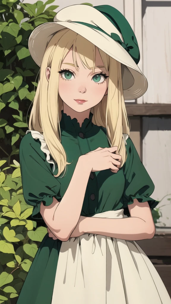 Doll with blonde hair, green eyes, classic dress, hat