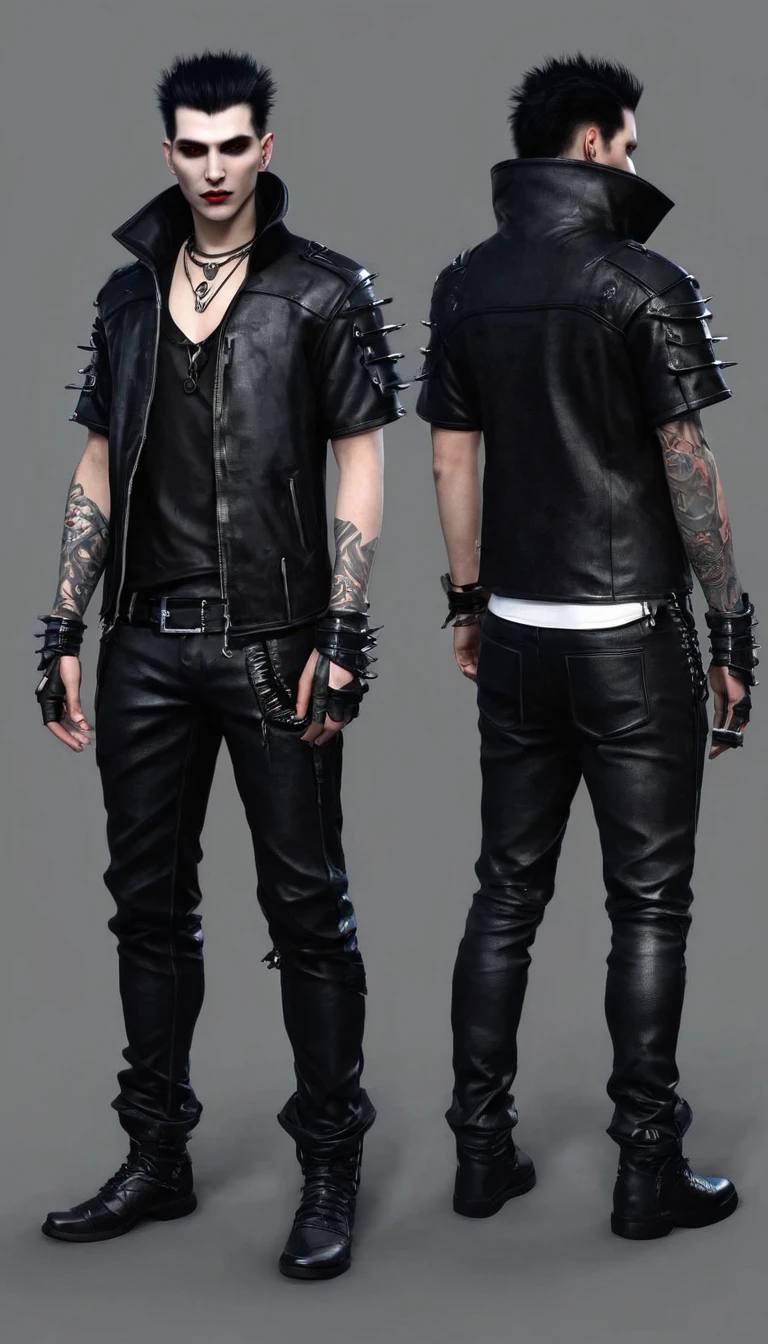 Create a full body mans character and clothing items from vampire clans in modern times and create modern and cyberpunk fashion. Front, side and backCreate a full body man character and clothing items from vampire clans in modern times and create modern and cyberpunk fashion. Front, side and back