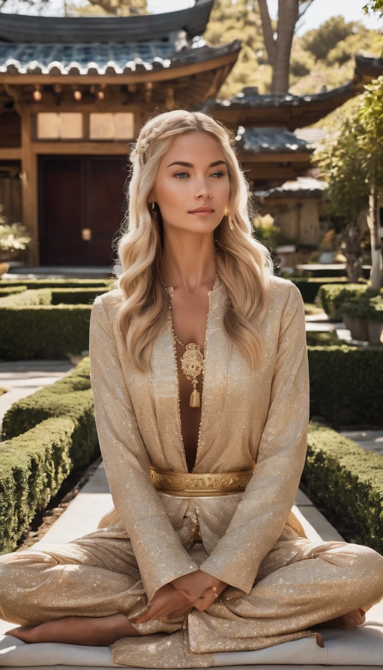 An image of Sofia meditating in a serene garden of a Buddhist temple.,original,in his late 20s, Sophia Turner radiates a blonde beauty with lush dazzling hair, Easily fit into the affluent and upscale community of Pacific Palisades. She is often seen in elegant clothing., a testament to her successful high-end jewelry business, and is the image of grace and sophistication, whether attending business events or managing your perfect family life, female