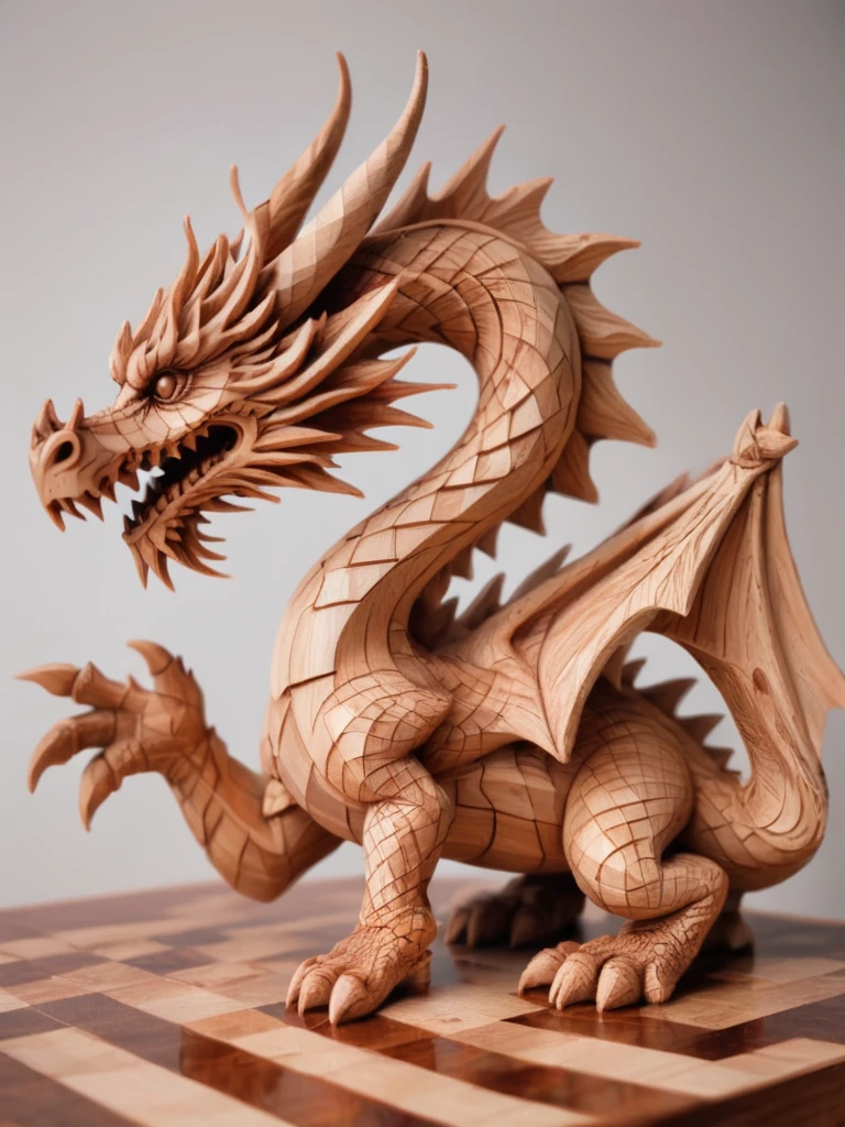 Wooden Figure, checkerboard, Amazing wooden dragon, (Apply varnish color:1.2), Art style