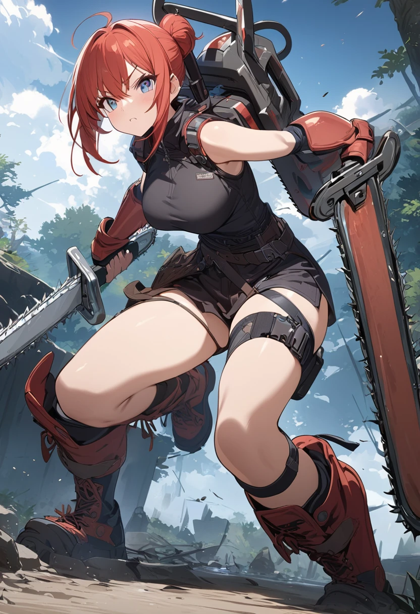 masterpiece, best quality, extremely detailed,anime, 1Girl, warrior,((wielding a chainsaw))