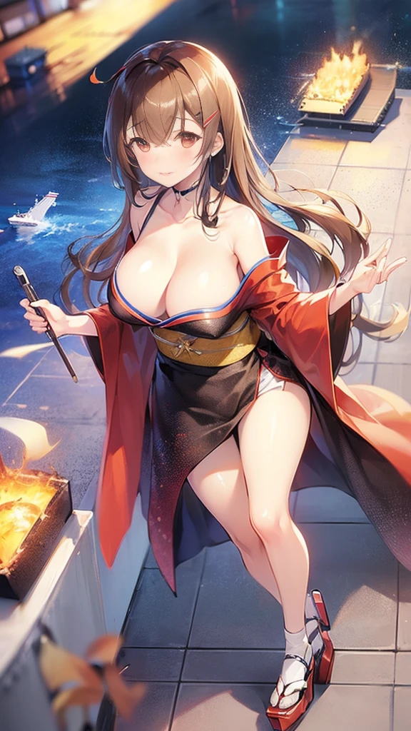 (((Azur Lane)))、((Amagnagi))、Brown long hair、Sodium Bicarbonate Ship、Big Breasts、(Fox ears)、(Red and black kimono)(((Aircraft Carrier Personification))