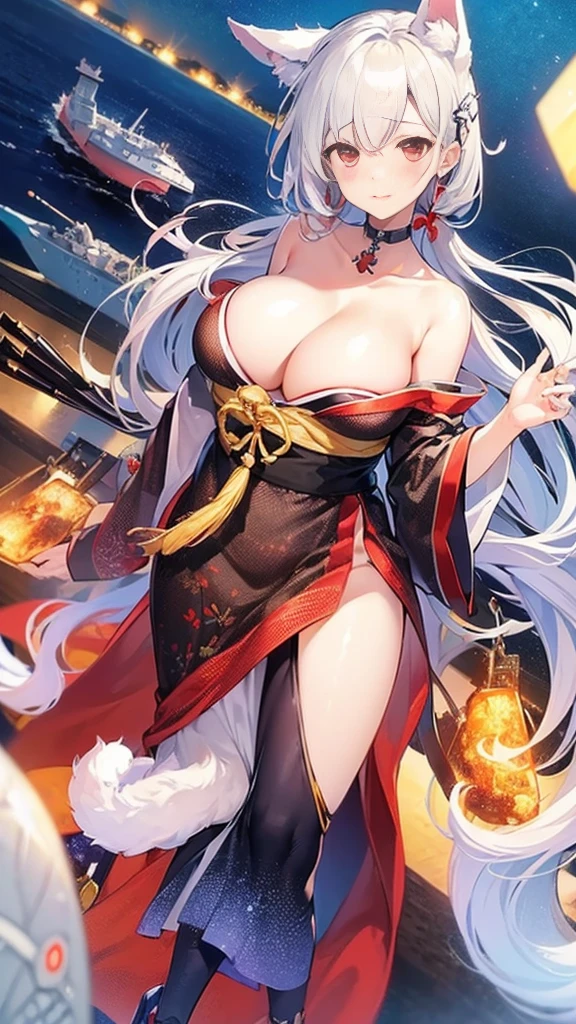 (((Azur Lane)))、((Amagnagi))、Brown long hair、Sodium Bicarbonate Ship、Big Breasts、(Fox ears)、(Red and black kimono)(((Aircraft Carrier Personification))