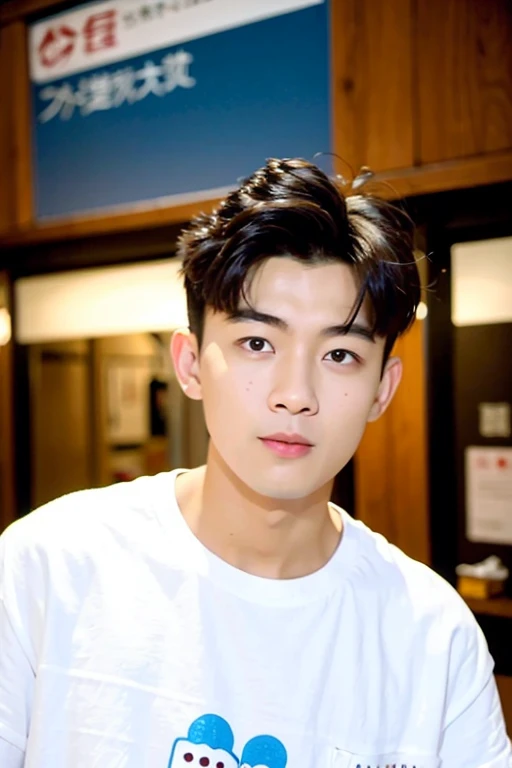 best quality, ultra high res, (photorealistic:1.4), masterpiece, Kodak portra 400, film grain, blurry background , bubble tea shop, solo,1 boys,Young man ,white skin, double eyelids,Crew cut,white t-shirt, posing, looking at viewer ,face focus,