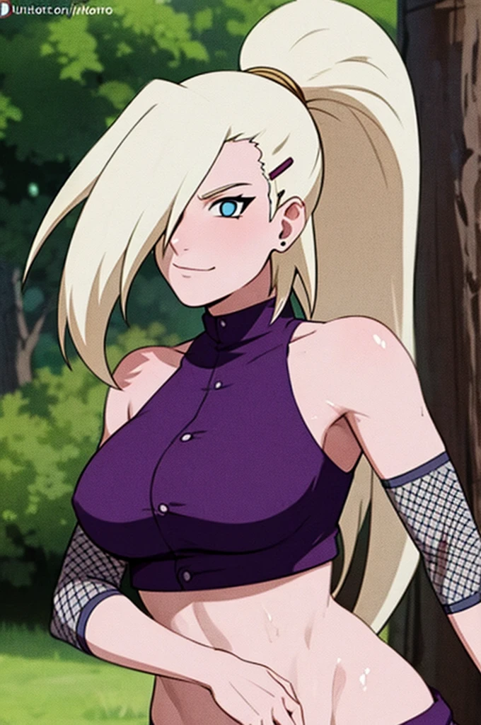 (Purple clothes), Ino yamanaka, (ultra detailed face:1.4), ultra detailed hair, looking at the viewer, (biceps:0.8), bare shoulders, (ultra detailed arms:1.2), groin, cowboy shot, ultra detailed face, (ultra detailed body:1.3), sunny day, day time, shiny skin, upper body view, anime style, solo, detailed flower field, blonde, (focus on body), ((one eye covered with hair, hair over eye, ponytail)), (medium breasts:1.0), belly button, looking at the viewer, thick arms, (off-shoulders, wide shoulders, curving body), hidden eye, smile, closed mouth, one hair clip, very happy, tall, sharp look, sharp face, sharp eye, cold colors,
