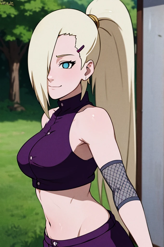 (Purple clothes), Ino yamanaka, (ultra detailed face:1.4), ultra detailed hair, looking at the viewer, (biceps:0.8), bare shoulders, (ultra detailed arms:1.2), groin, cowboy shot, ultra detailed face, (ultra detailed body:1.3), sunny day, day time, shiny skin, upper body view, anime style, solo, detailed flower field, blonde, (focus on body), ((one eye covered with hair, hair over eye, ponytail)), (medium breasts:1.0), belly button, looking at the viewer, thick arms, (off-shoulders, wide shoulders, curving body), hidden eye, smile, closed mouth, one hair clip, very happy, tall, sharp look, sharp face, sharp eye, cold colors,