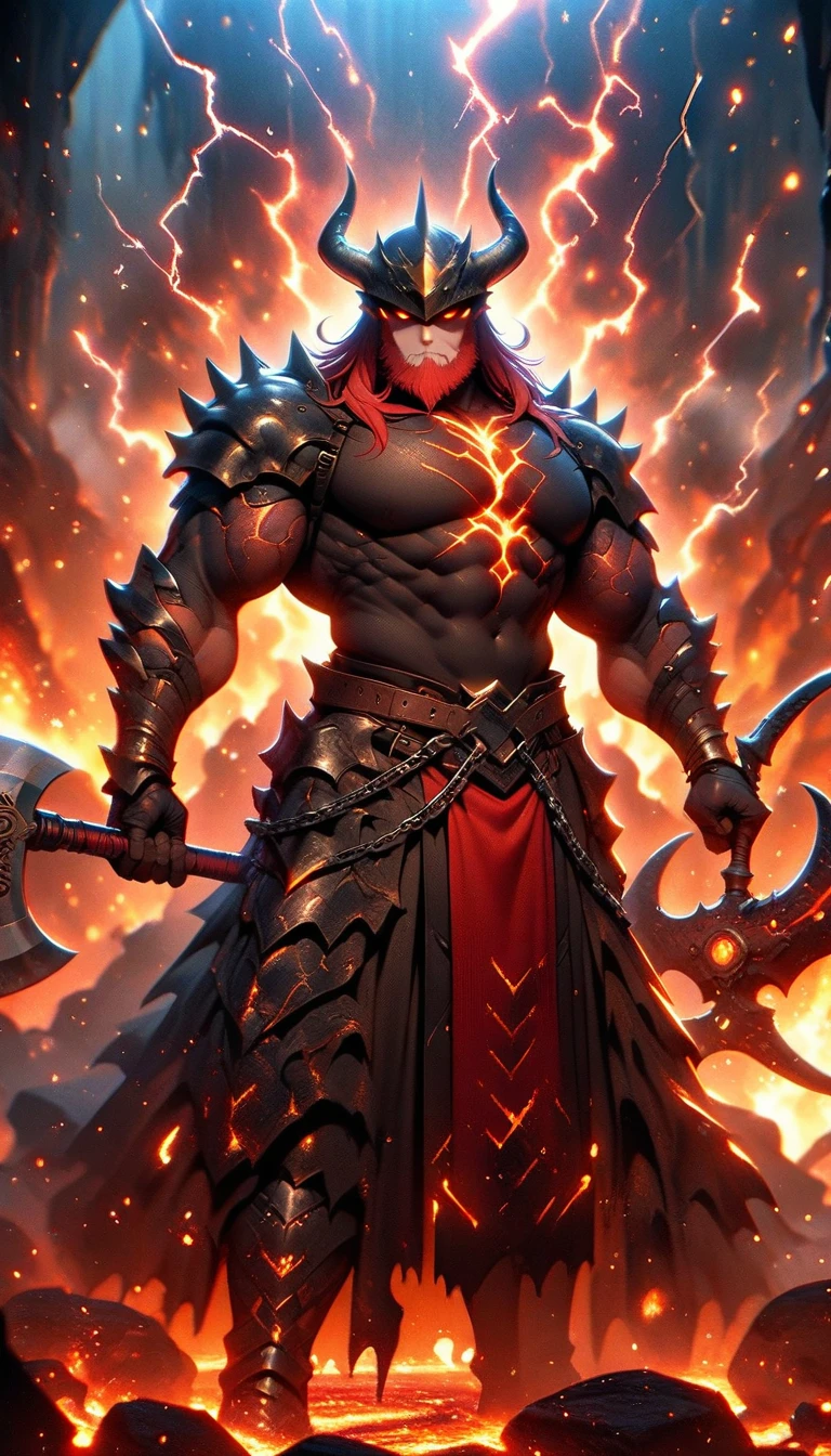 ((best quality)) , ((masterpiece)) , (detailed)，axe, 1boy, male focus, horns, glowing eyes, holding, beard, glowing, solo, weapon, holding axe, facial hair, muscular, fire, holding weapon, chain, looking at viewer, long hair, lightning, muscular male, red hair, horned helmet, armor, helmet, belt, fake horns, molten rock, feet out of frame, standing, battle axe, electricity