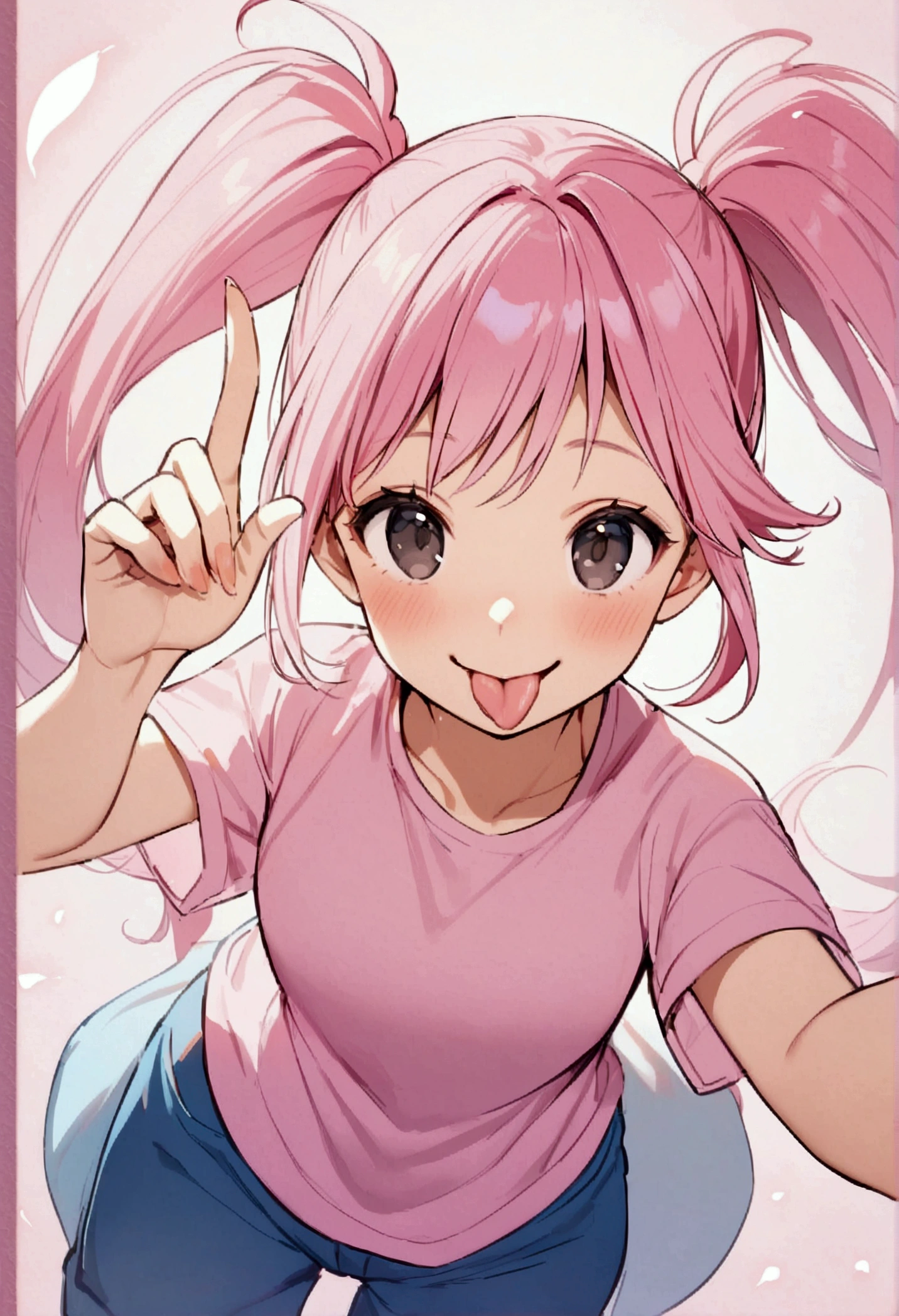 a pretty, happy and confident  sticking out her tongue who has pink hair in ponytails and black eyes wearing a short pink t-shirt with blue pants