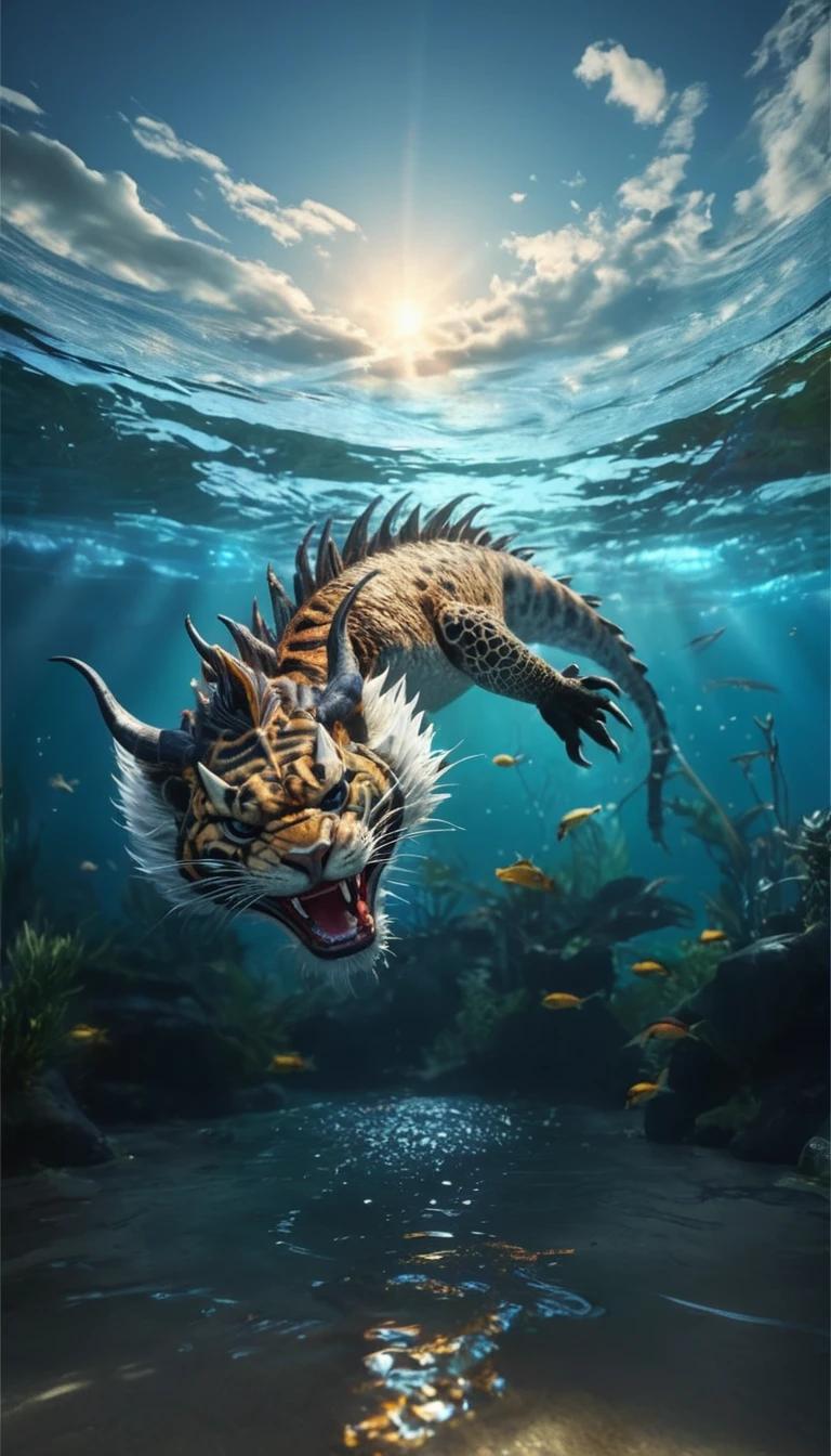 A mythical creature from the water(best quality,4K,8k,High level,masterpiece:1.2),Ultra Detailed,(lifelike,Photo real,Photo real:1.37),Highly detailed animals,Complex patterns,Realistic lighting,Fantasy Creatures