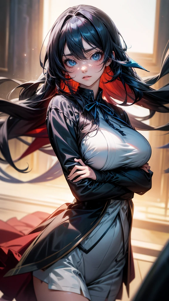 1girl, Long Hair, Black Hair, Ribbon, Blue eyes, Large breasts,medium thighs,Hair Between Eyes, cute pose, hand in the hip,Motion Blur, Depth Of Field, Cowboy ShotAnime, High Resolution, Masterpiece, High Quality, High Details, HD, Looking at viewer,