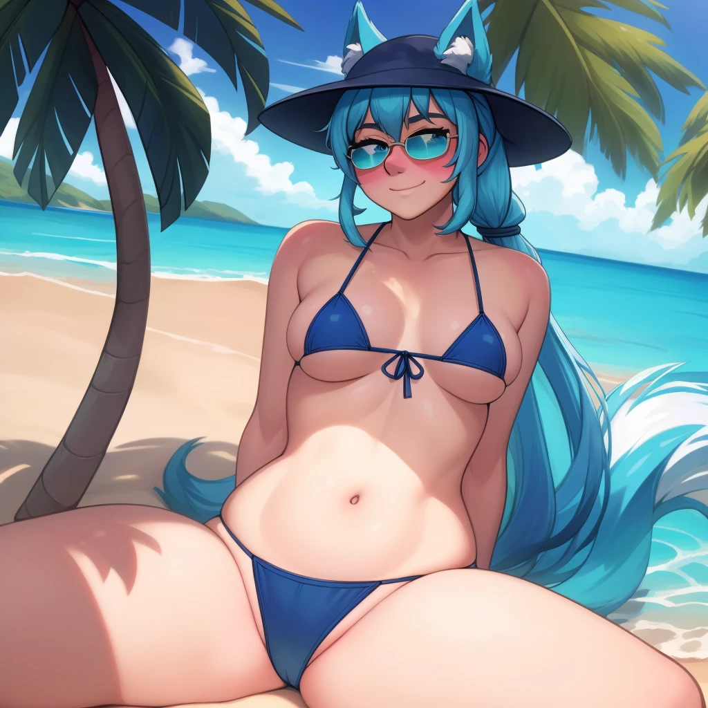 (Masterpiece) (High Detail) (High Res) A close up of A short little slim humanoid girl with pale human skin and blue eyes and long blue hair tied up in a long ponytail and blue dog ears and a fluffy blue dog tail and average breasts. She is sat on a tropical beach with palm trees and sand and blue seas. She is wearing a navy blue bikini top and navy blue bikini bottoms and a pair of sunglasses and a straw sunhat. She is looking over the glasses and is smirking with blushing cheeks.
