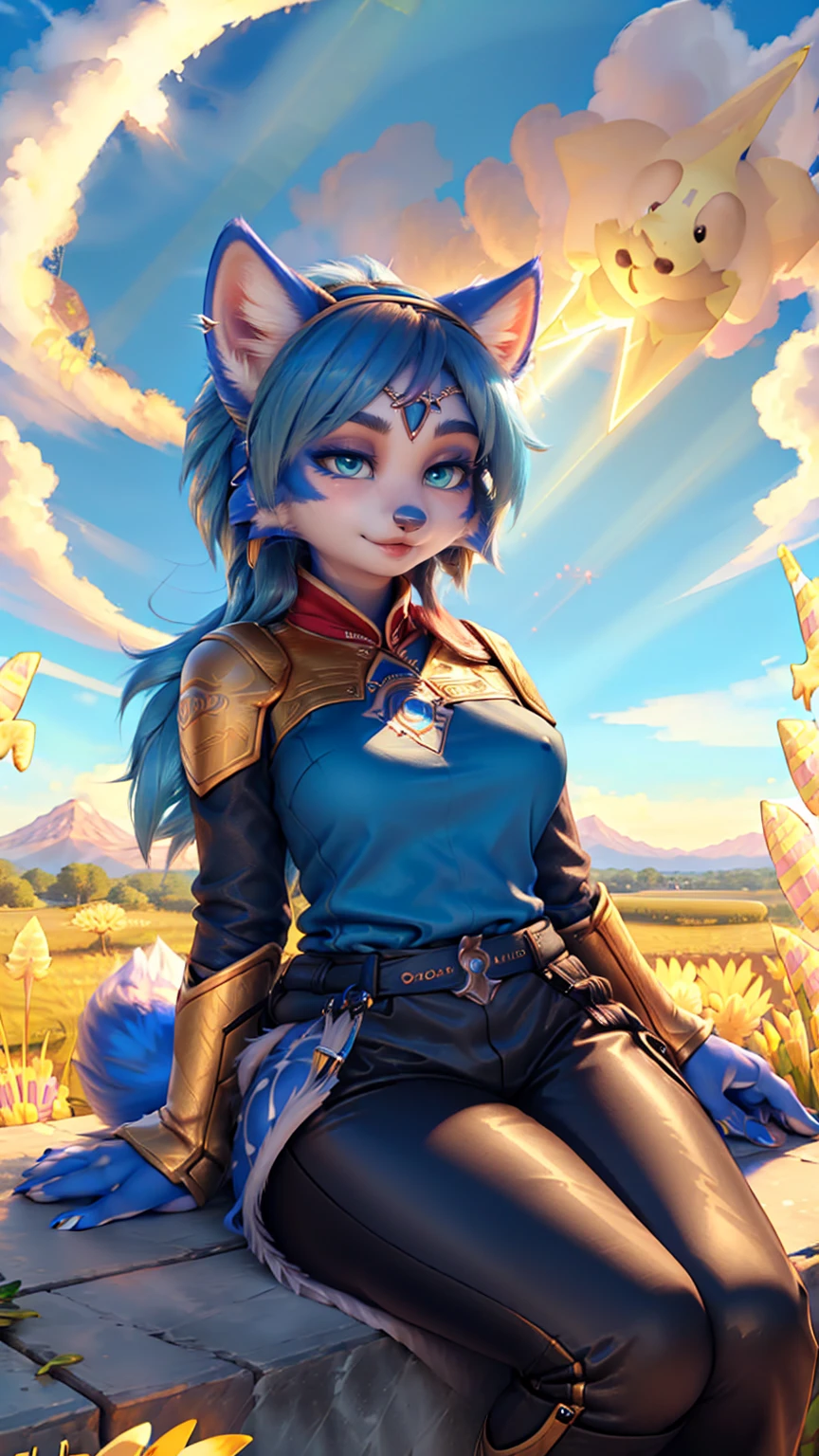 A beautiful and detailed (sweet picture) of ((Krystal)), Star Fox Krystal,  green eyes, medium breasts, (((Long blue hair 1.3))),  anthro, furry, (of Fluff-Kevlar, Bayard Wu, Personalami, Pino Daeni),  detailed fluffy fur, detailed face, (fluffy), 1 girl, alone, Haare bedecken ein Auge:1.4, (((geht über ein Feld mit hohem Gras :1.3))), (((schaut in den himmel:1.4))),