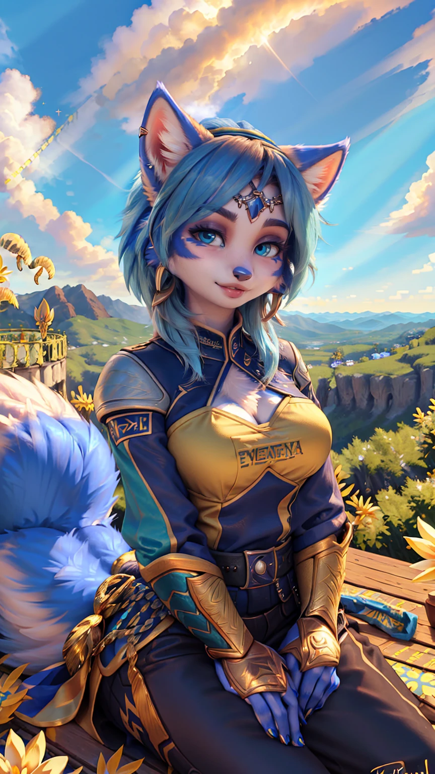 A beautiful and detailed (sweet picture) of ((Krystal)), Star Fox Krystal, green eyes, medium breasts, (((Long blue hair 1.3))), anthro, furry, (of Fluff-Kevlar, Bayard Wu, Personalami, Pino Daeni), detailed fluffy fur, detailed face, (fluffy), 1 girl, alone, Haare bedecken ein Auge:1.4, (((geht über ein Feld mit hohem Gras :1.3))), (((schaut in den himmel:1.4))),