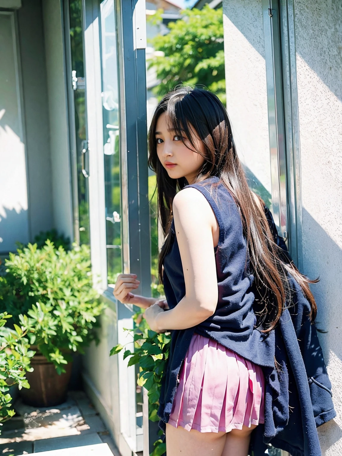 （masterpiece、Highest quality、Very detailed)、Hair color is deep dark brown、Soft Waves、
（Skin is smooth、Lightly reflects light、Healthy shine）、（The eyes are almond-shaped、eyes dark brown）、Long eyelashes、Flexible curls、Each one is clearly visible、Thin eyeliner、Natural eyelash shadow）、（Natural pink cheeks）、（Thick lips、smile）（Japanese 、Glamorous Body）、（See-through lingerie）、（Navy blue pleated mini skirt、inseam length）、（Beach、Pay attention to her whole body and facial expression）、((Eye highlights and skin detail、Realistic details)), show legs