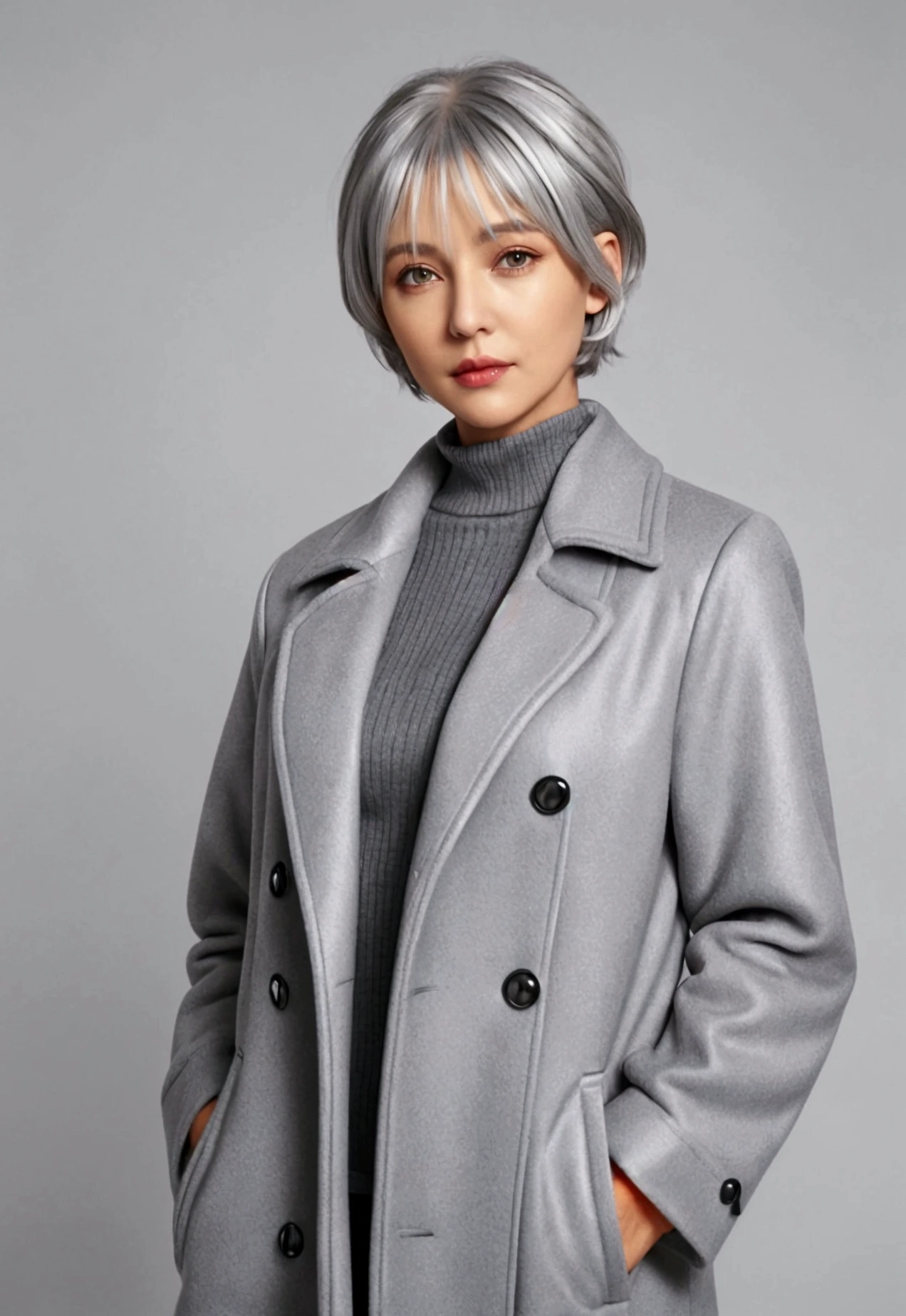 there is a woman with wearing orange coat, wearing silver hair, grey hair, silver hair, cloudy grey hair, with short hair, some grey hair, short grey hair, silver color, girl silver hair, ash blond greyish hair, girl with short white hair, flowy white grey hair, going gray, chrome bob haircut