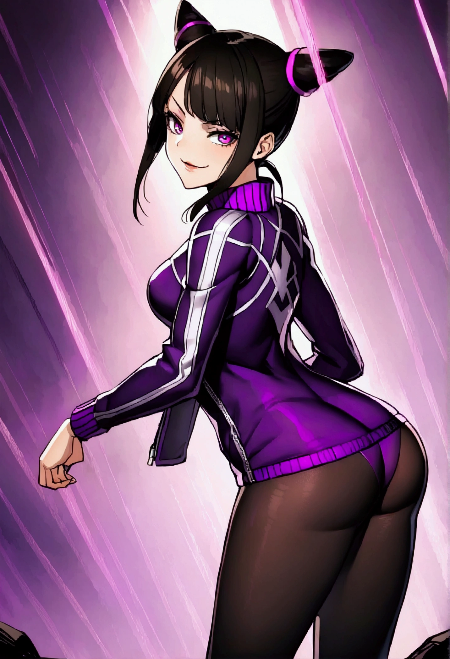 juri han,standing backwards,looking back,beautiful young fitness woman with , in a gym wearing May with black pantyhose, white and purple fitted gym jacket. standing alone,hair horns,bright purple eyes,Evil smile,legging preto aura roxa,right eyes super shining purple