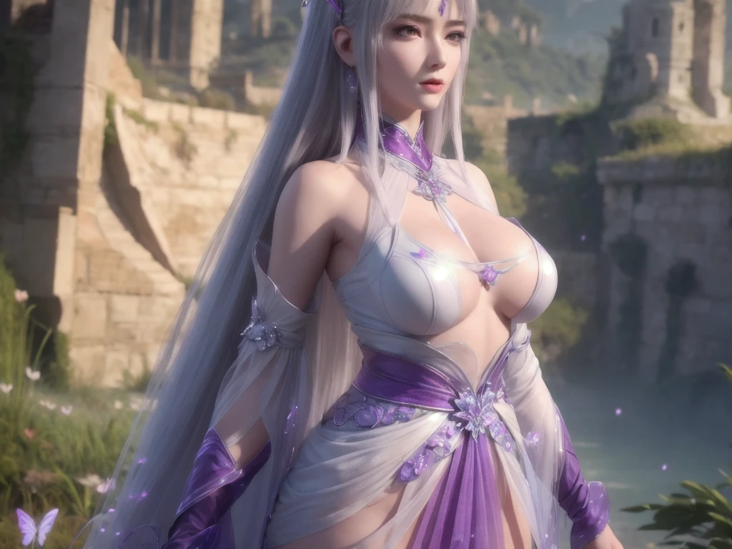 realistic, photorealistic, Masterpiece, absurdres, fine detail, HDR, detailed hand anatomy, highly detailed face and eyes, (8k, best quality, masterpiece:1.2), ultra-detailed, extremely detailed cg 8k wallpaper,fashion,(crystalstexture skin:1.2),(extremely delicate and beautiful),(masterpiece, best quality:1.2),1girl, solo, narrow waist, super wide hips, (large breasts:1.2),long hair, (looking at viewer:1.2), natural lighting, fantasy, dreamlike, unreal, science fiction, detail, delicate pattern, charming, alluring, enchanting, hair ornament, fairydoctor, full body, dream, purple butterflies, glowing butterflies, sexy pose, night, (neon butterflies:1.1), purple neon butterflies