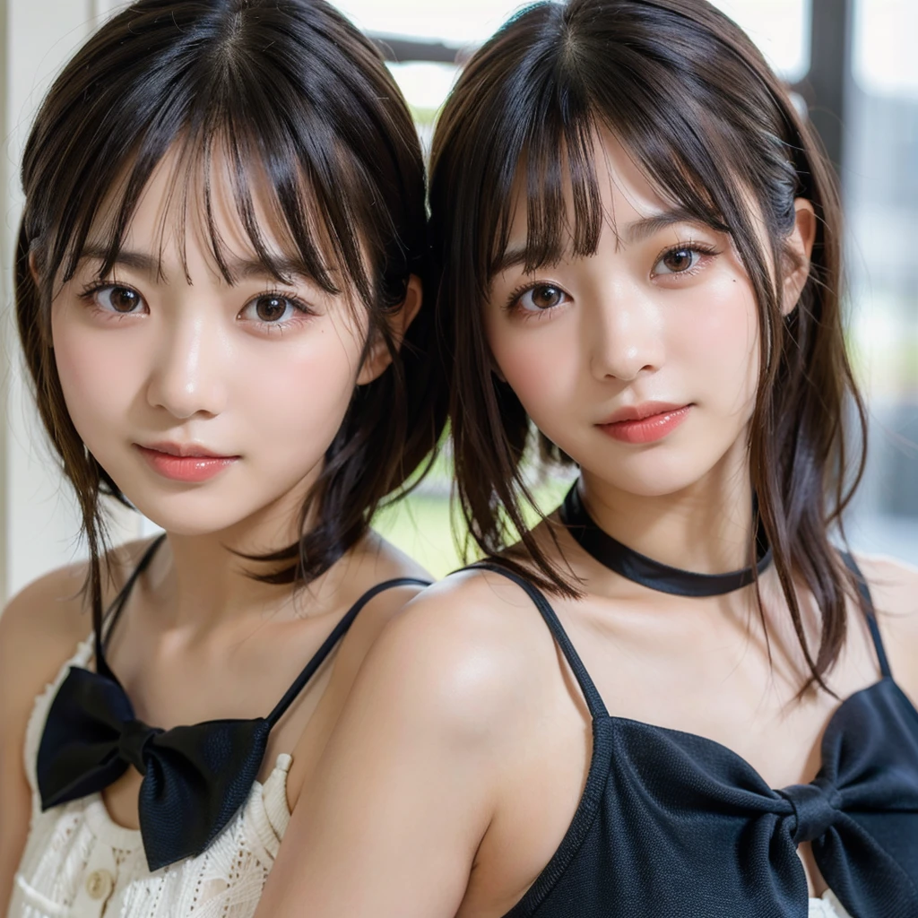 Two beautiful girls,Cheek to cheek,(8k, RAW Photos, Highest quality, masterpiece:1.2), Super detailed, Ultra-high resolution, (Realistic, photo Realistic:1.37), High-definition RAW color photos, Professional photos, Depth of written boundary, Detailed lips、Beautiful, shining lips, Detailed face、Very delicate and beautiful, Very detailed, In detail, Large file size, Very detailed skin, Very detailed clothing, Two Girls, (18-year-old:1.2), Ten generations, Cute girl,Sailor suit, Famous Japanese Idols, Black Hair, (Long Hair:1.2), (Wavy Hair:1.2), (Blunt bangs:1.2), young, Cute face, Baby Face, Realistic face, Beautiful and detailed eyes, Droopy eyes, Big black eyes, Beautiful and clear eyes,Scattered beneath the surface,(blush:0.5), Detailed skin texture, (race:1.2), (Black bow tie:1.1), (Hair Ribbon:1.2), Facing forward, Highest quality,masterpiece:1.3,Ultra-high resolution),(Very detailed,Caustics,8k),(Realistic:1.4,RAW shooting),I'm looking at the camera with a smile on my face,Collarbone Bare Skin,Shoulder Bare Skin,(Face Focus:1.1),(Face close-up:1.1),Sunset,Natural light