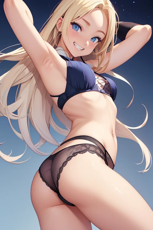 Realistic、masterpiece, 1house wife、blonde hair、twin tail, red eyes, (eye focus:1.3,face focus),(Gradient eyes:1.3),(sexy panties)、open mouth,(grin:1.3),forehead,cute face、((Thick thighs、Beautiful thighs)), A condescending gaze on the viewer,((Raise your arms, Expose your armpits)), Wrestler