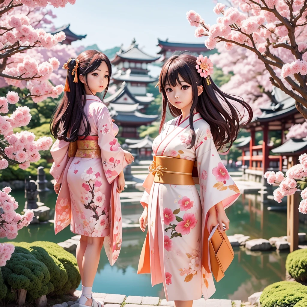 ３Japan girl wearing a floral kimono in the style of D anime、Japan have a sword、The background is the cityscape of Kyoto