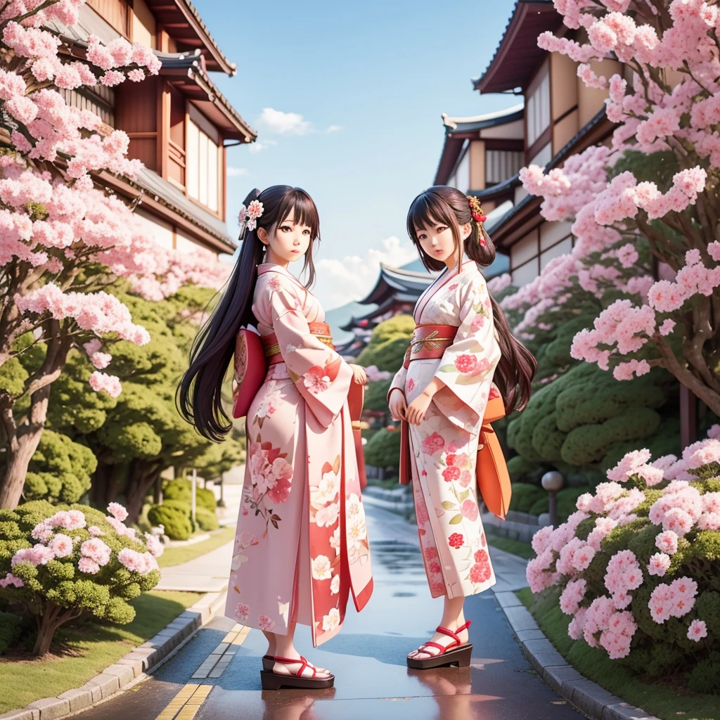3Japan girl wearing a floral kimono in the style of D anime、Japan have a sword、The background is the cityscape of Kyoto