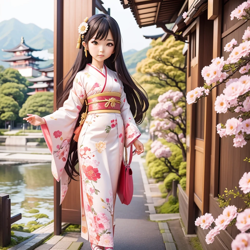 ３Japan girl wearing a floral kimono in the style of D anime、Japan have a sword、The background is the cityscape of Kyoto