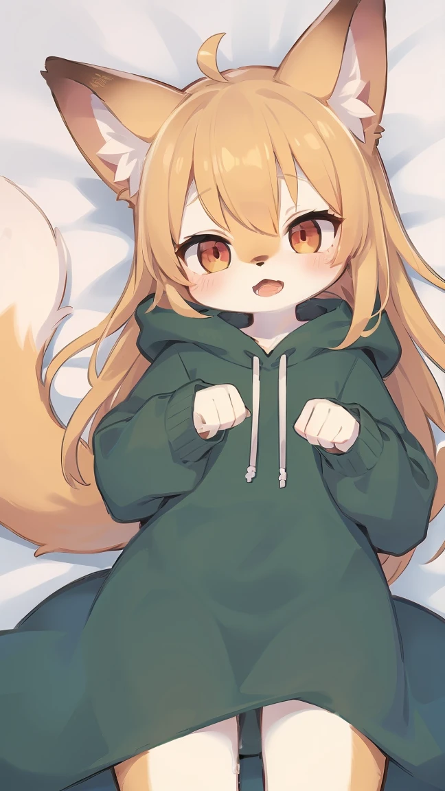 flat color, shota the fox, , was hairy, shaggy, skin fur, smooth lashes, golden fur, forelimb hands, straight long blonde hair, solid circle eyes, golden ears, golden fur, golden facial fur, shiny hair, red eyes, super cute face, 1fox tail, fluffy tail, furry tail, glowing eyes, green coat green hood down, masturbating, pussy, pussy juice, open mouth, lying on bed, ambient light, ultra-fine fur, dashed eyes, full body, masterpiece, high quality, high-details, best quality, (solo)