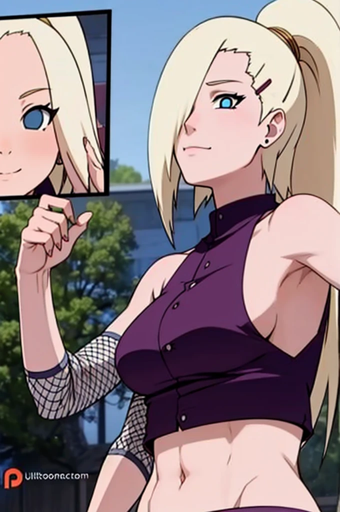 (Purple clothes), Ino yamanaka, (ultra detailed face:1.4), ultra detailed hair, looking at the viewer, (biceps:0.8), bare shoulders, (ultra detailed arms:1.2),  groin, cowboy shot, ultra detailed face, (ultra detailed body:1.3), sunny day, day time, shiny skin, upper body view, anime style, solo, detailed flower field, blonde, (focus on body), ((one eye covered with hair, hair over eye, ponytail)), (medium breasts:1.0), belly button, looking at the viewer, thick arms, (off-shoulders, wide shoulders, curving body), hidden eye, smile, closed mouth, one hair clip, very happy, tall, sharp look, sharp face, sharp eye, cold colors,
