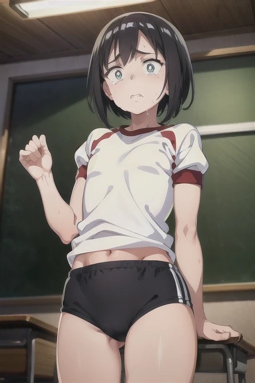 buruma, blue buruma, White short-sleeved gym uniform, (at classroom), ((Highest quality)),(detailed), Perfect Face, Perfect Arms, Perfect hands, Perfect Fingers, anime, Ultra-fine illustration, ((Solo gay boy:1.3)),(disappointed:1.3,constricted pupils:1.4),embarrassed,tears:1.3,show teeth,tearsdrop,(men's black messy Shorthair:1.4), Proud look, Shooting from below, Cowboy Shot, Outdoor,crowded,flat chest