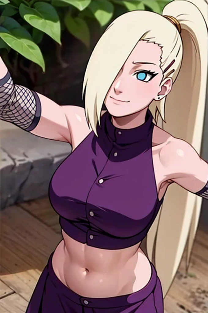 (Purple clothes), Ino yamanaka, (ultra detailed face:1.4), ultra detailed hair, looking at the viewer, (biceps:0.8), bare shoulders, (ultra detailed arms:1.2), groin, cowboy shot, ultra detailed face, (ultra detailed body:1.3), sunny day, day time, shiny skin, upper body view, anime style, solo, detailed flower field, blonde, (focus on body), ((one eye covered with hair, hair over eye, ponytail)), (medium breasts:1.0), belly button, looking at the viewer, thick arms, (off-shoulders, wide shoulders, curving body), hidden eye, smile, closed mouth, one hair clip, very happy, tall, sharp look, sharp face, sharp eye, cold colors,