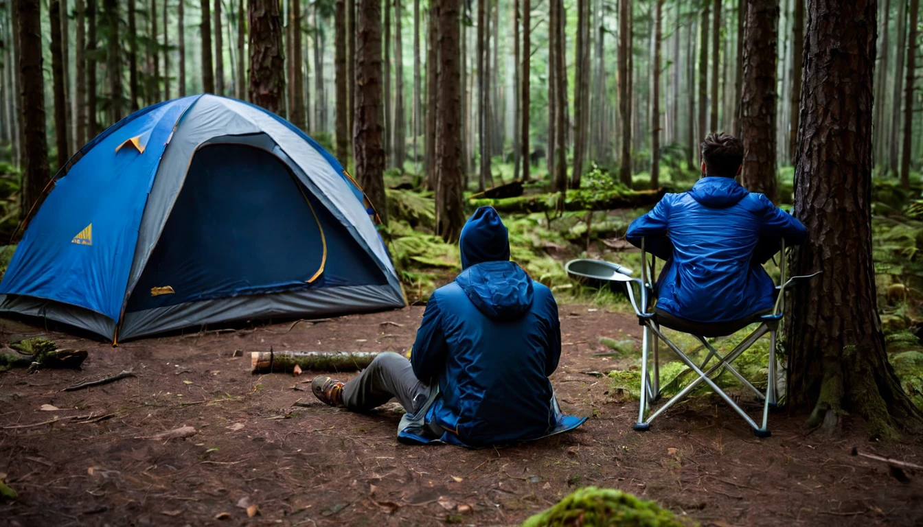 dark night, tense tent camping environment among the trees in the forest, man in blue jacket sitting on the chair, in the right corner of the screen, with his back to the camera