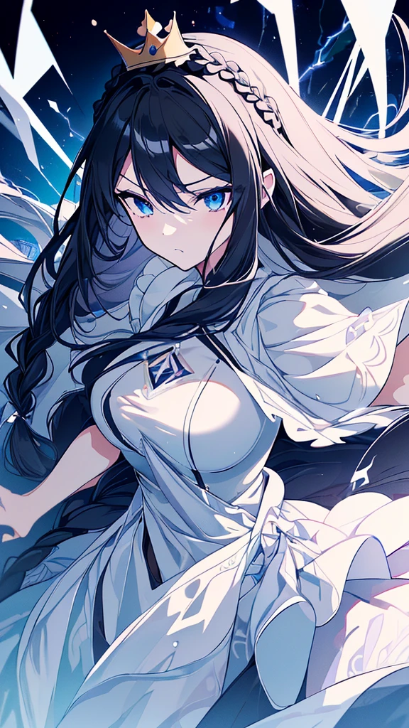 best quality, extremely detailed,anime style girl,long hair down to the waist, straight hair, ((dark black hair with bluish)),((crown braid)),beautiful detailed eyes, pinched eyes, (dark blue eyes),huge breasts,curvy,((((white main princess battle dress)))),clothing with complex patterns,cool expression,((((mysterious nature)))),((Diagonal angle)),dynamic angle